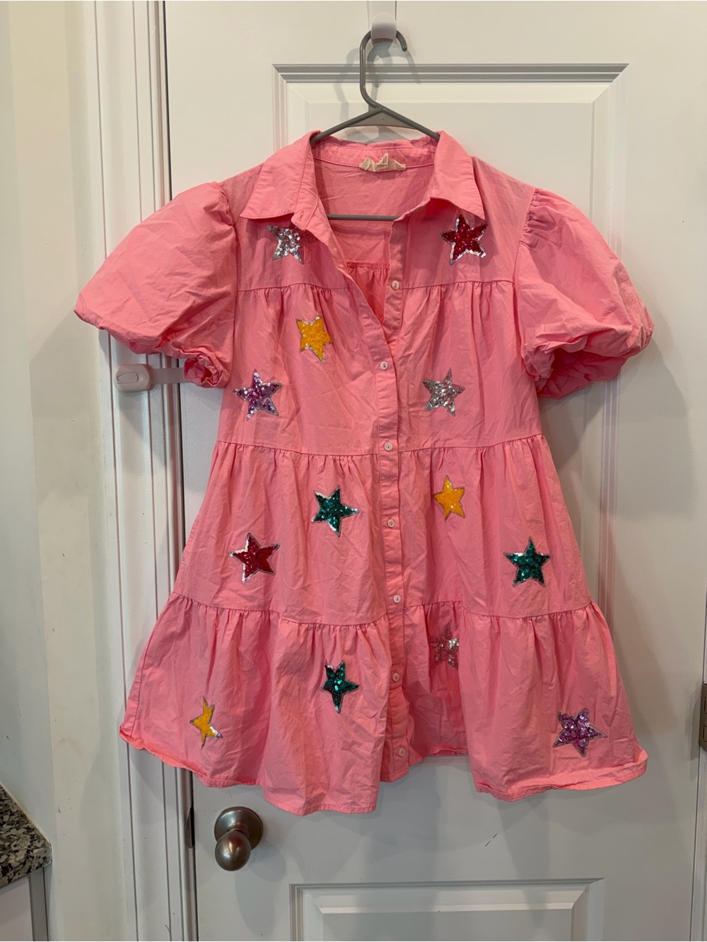 Peach Love California Pink Sequin Star Tiered Babydoll Mini Dress Size Large